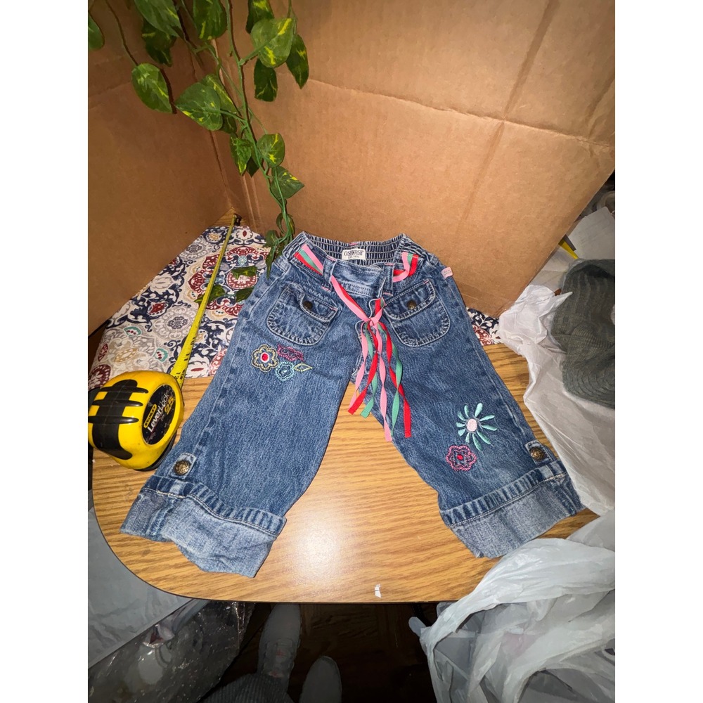 OshKosh Bgosh Toddler Girls 3T Floral Embroidered Denim Jeans Ribbon Belt Blue